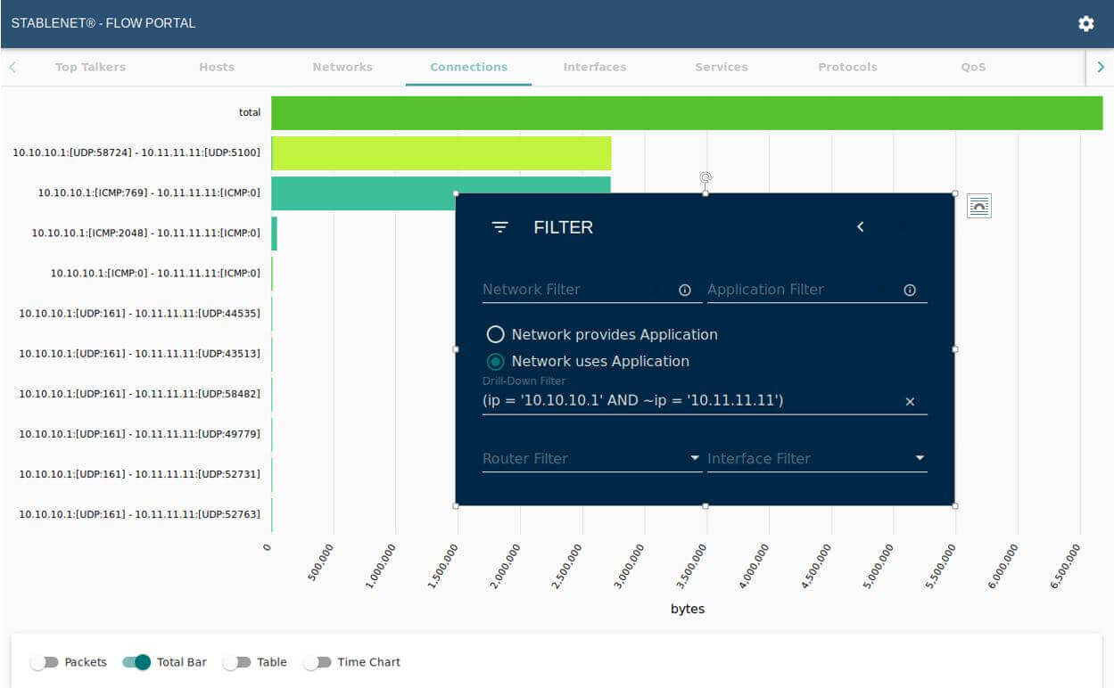 screenshot StableNet® settings menu bar chart flow data