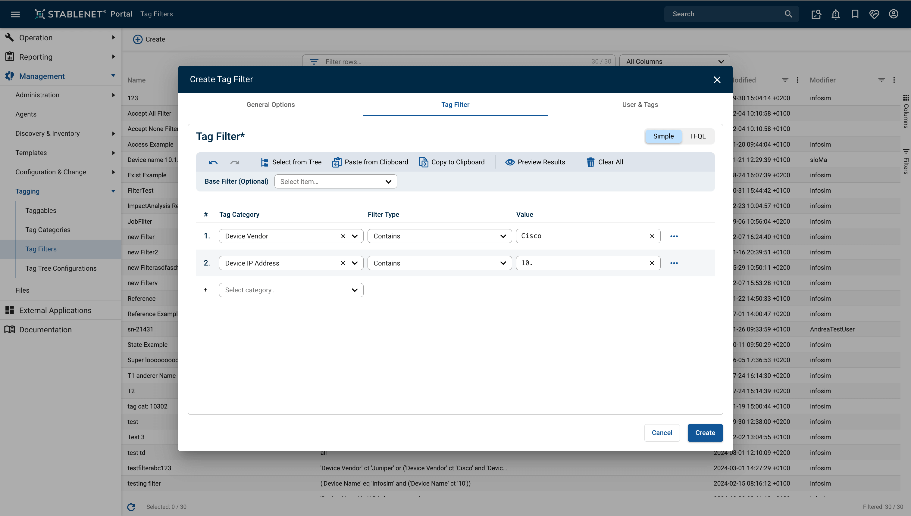 Screenshot of Creating a simple Tag Filter in StableNet 25