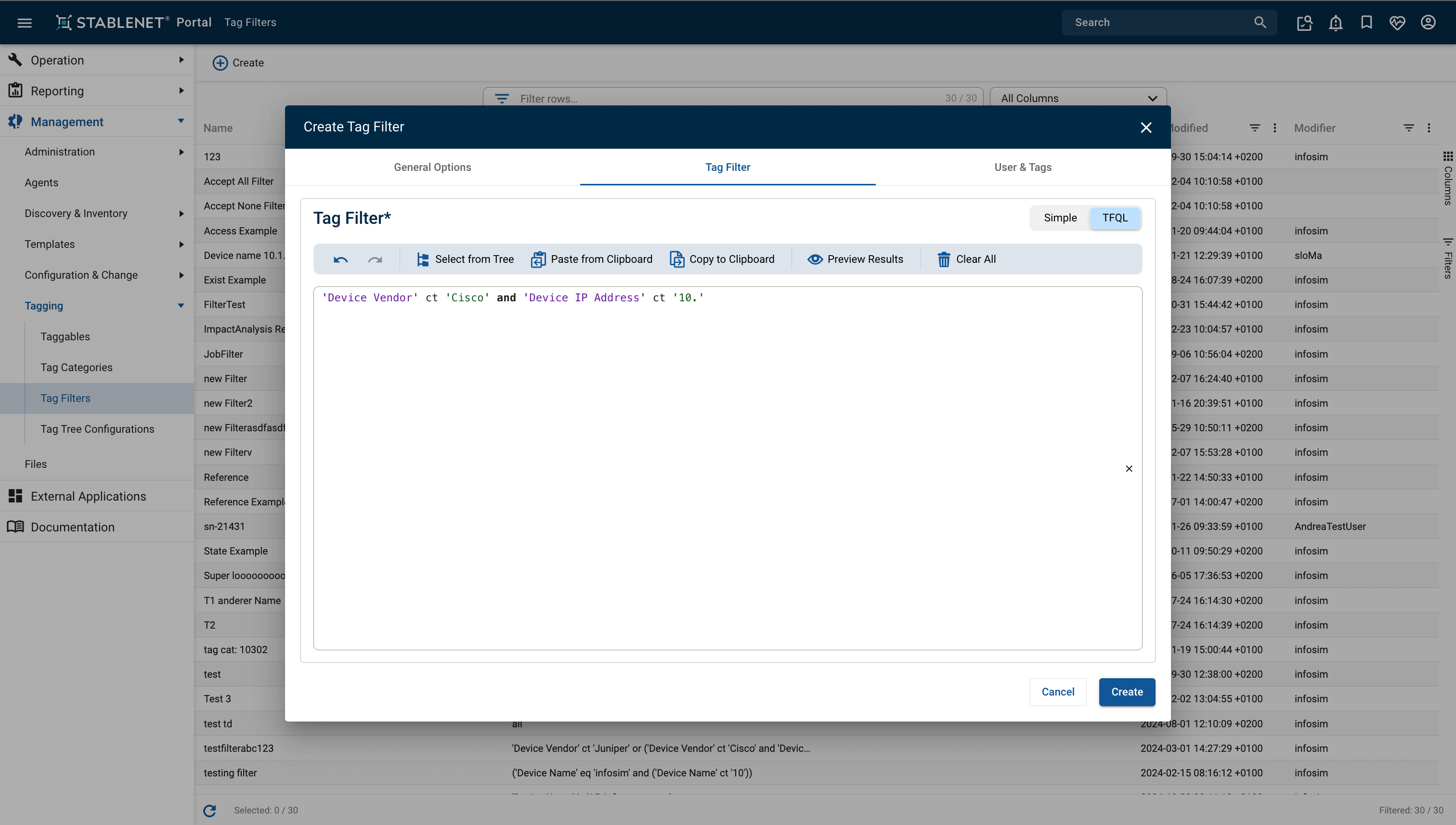 Screenshot of Creating a Tag Filter with TFQL in StableNet 25
