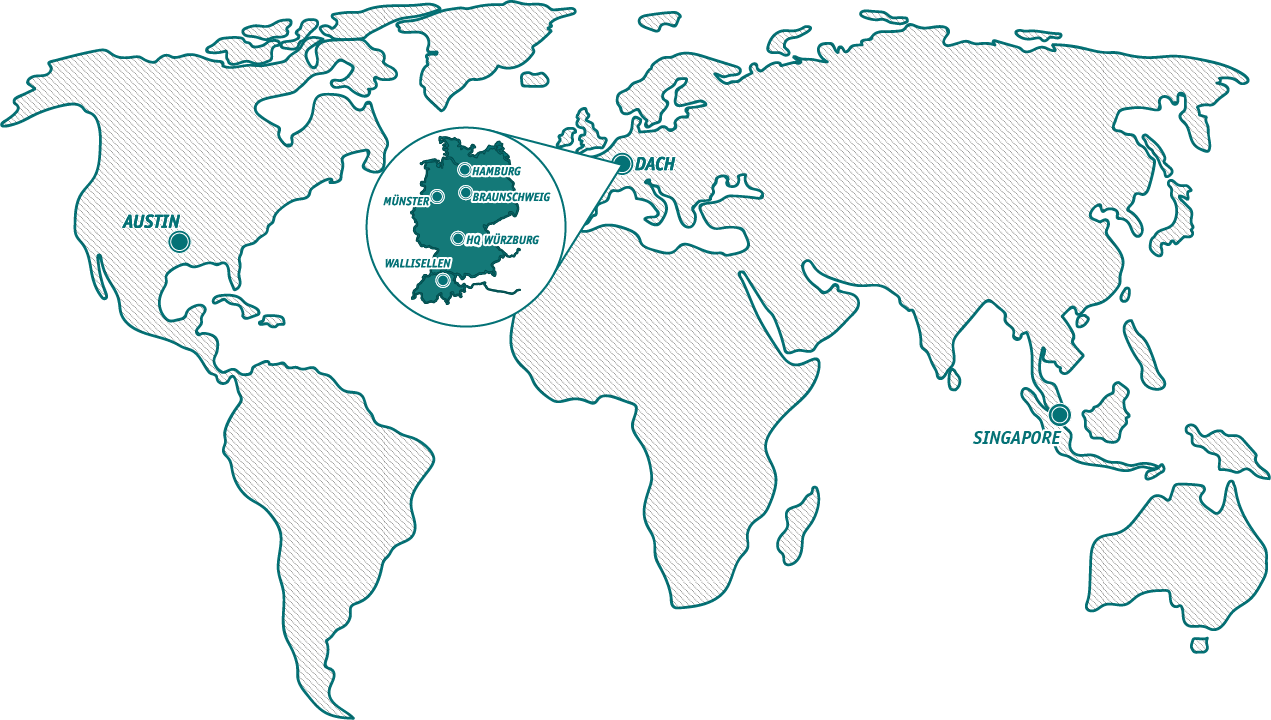 worldmap locations Austin Münster Würzburg Singapore